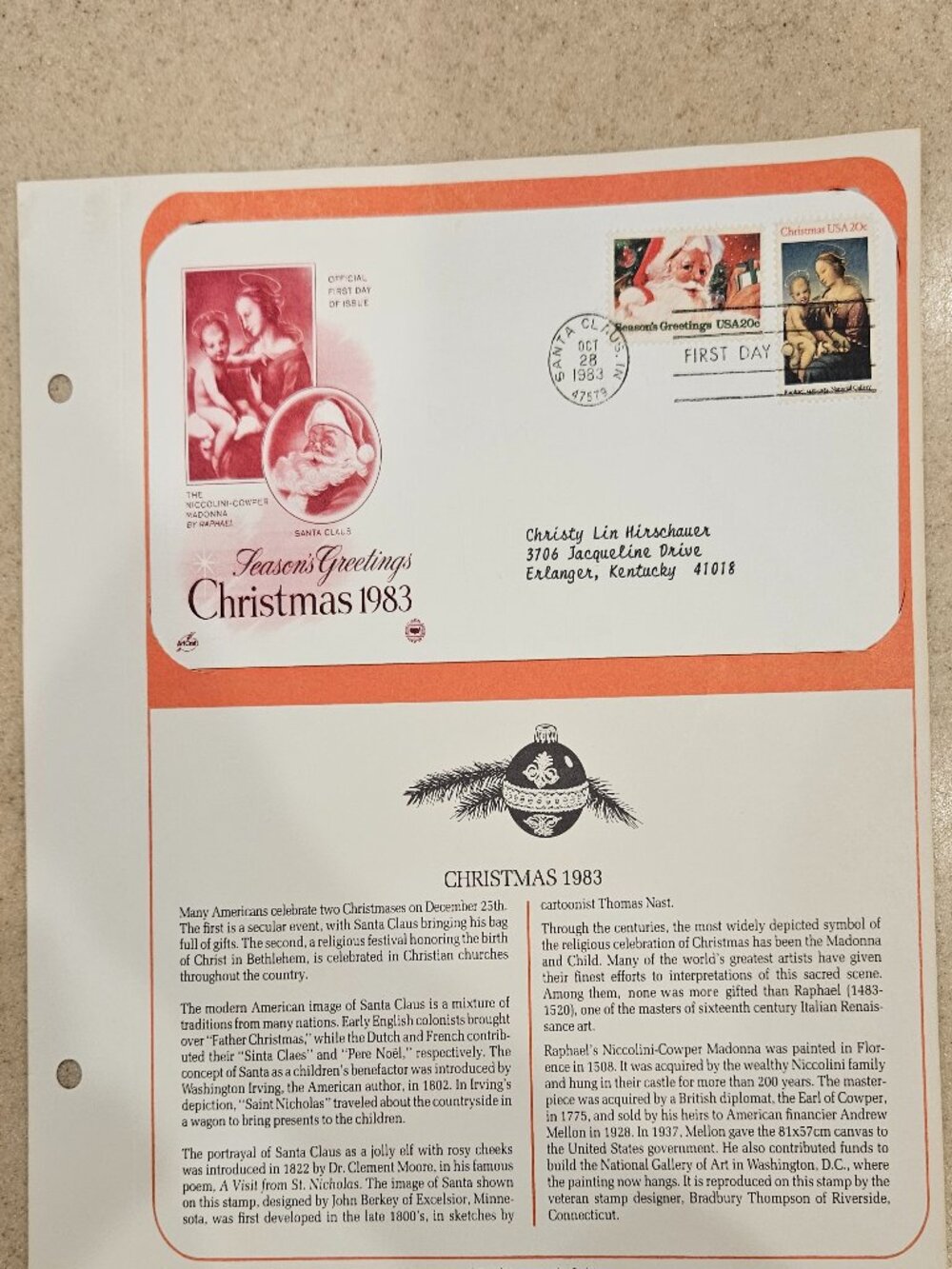 RARE COLLECTIBLE USPS 1ST DAY ISSUE COVER CHRISTMAS 1983 SEASONS GREETINGS STAMP